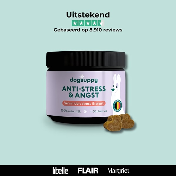 A high-performing 1:1 social proof ad creative featuring a rating of 8,910 reviews for dog anti-stress chews, utilizing a clean, soft-palette design.